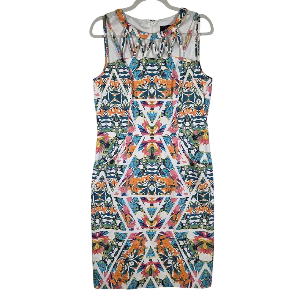 Adrianna Papell Sheath Dress Women 12 White Geometric Floral Cutout‎ Sleeveless
